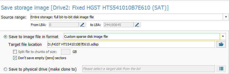 custom sparse disk image file parameter in disk imaging configuration window in ufs explorer program