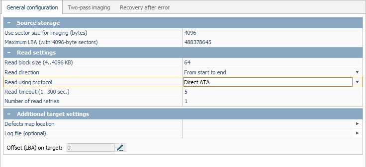 direct ata as read using protocol option in disk imaging configuration window in ufs explorer program