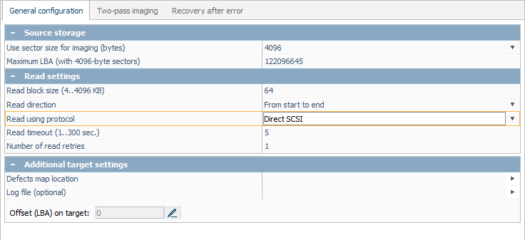 direct scsi as read using protocol option in disk imaging configuration window in ufs explorer program