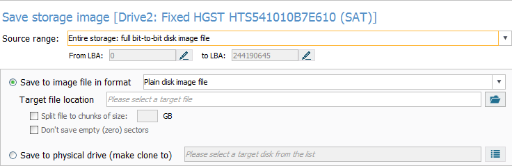 entire storage set as source range in disk imaging configuration window in ufs explorer program