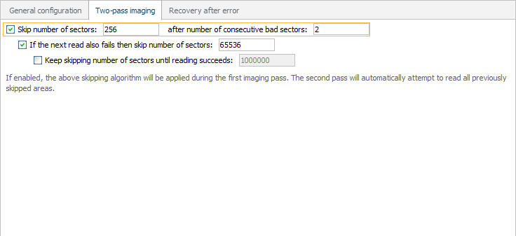 configure number of sectors to skip for first time after number of defects detected in disk imaging configuration window