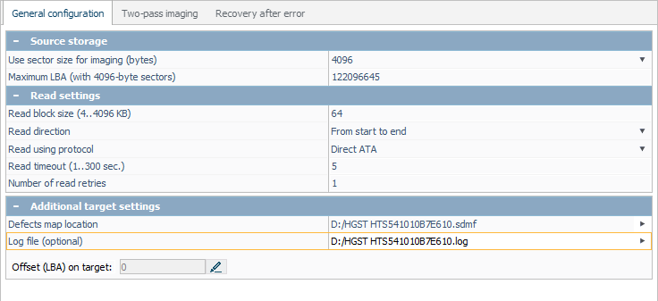 specifying log file location in disk imaging configuration window in ufs explorer program