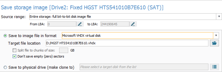 microsoft vhdx virtual disk parameter in disk imaging configuration window in ufs explorer program