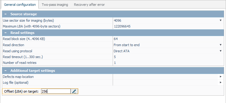 setting offset (lba) on target in disk imaging configuration window in ufs explorer program