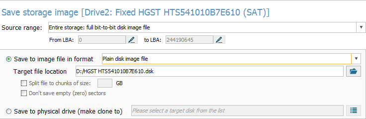 plain disk image file parameter in disk imaging configuration window in ufs explorer program