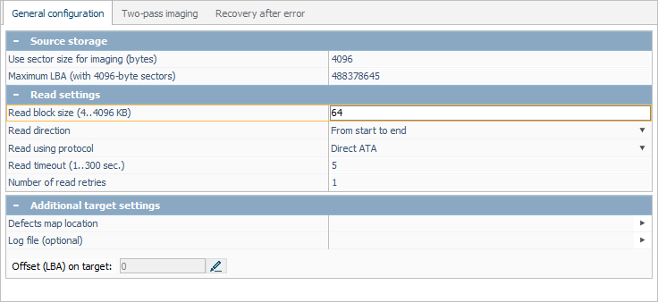 read block size parameter in disk imaging configuration window in ufs explorer program