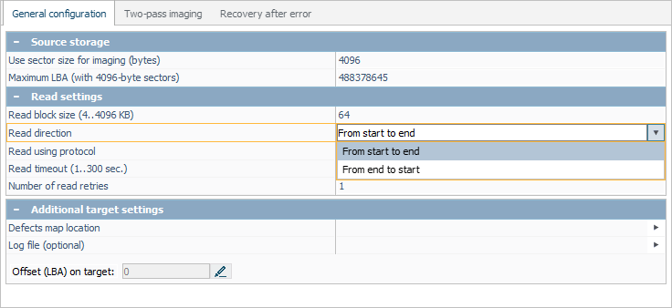 read direction parameter in disk imaging configuration window in ufs explorer program