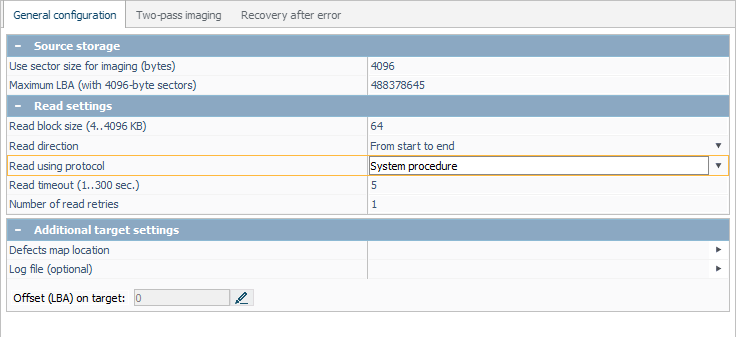 parameter read using protocol in disk imaging configuration window in ufs explorer program