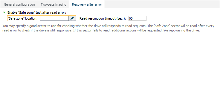 enabling safe zone test in disk imaging configuration window in ufs explorer program