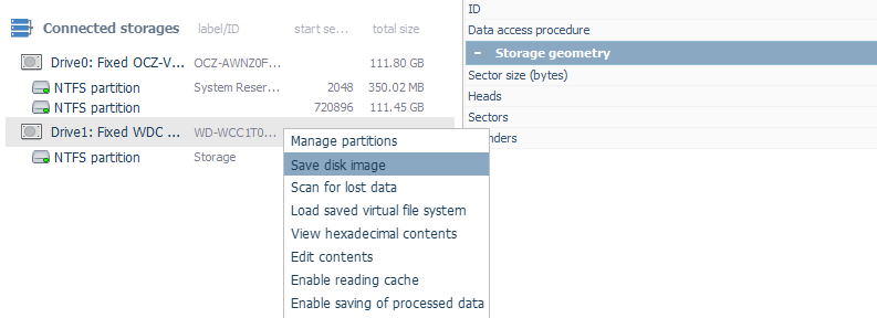 save disk image option in storage device context menu in ufs explorer program