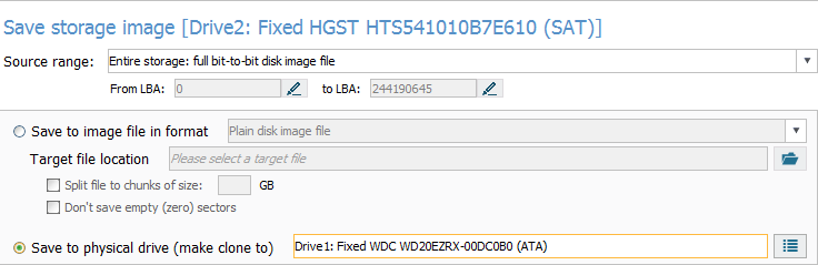 save to physical drive option in disk imaging configuration window in ufs explorer program