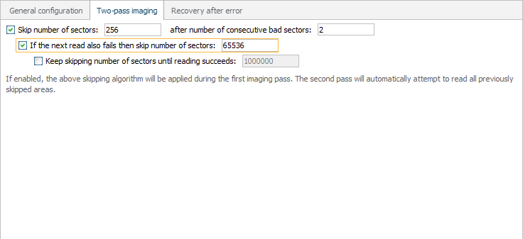 configure number of sectors to skip for second time after number of defects detected in disk image configuration window