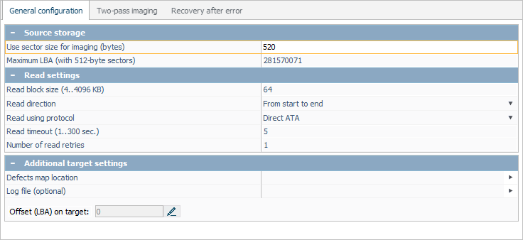 sector size of 520 bytes in disk imaging configuration window in ufs explorer program