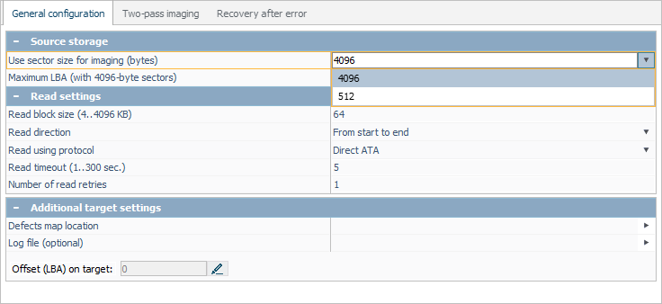 sector size options in disk imaging configuration window in ufs explorer program