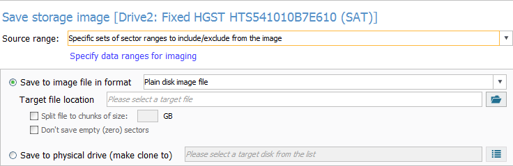 specific sets of sector ranges configured as source range in disk imaging configuration window in ufs explorer program