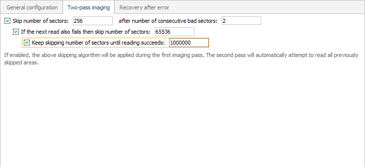 configure number of sectors to skip for third time after number of defects detected in disk imaging configuration window
