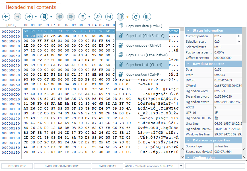 two available options to copy text and hex text in hexadecimal viewer of usf explorer software interface