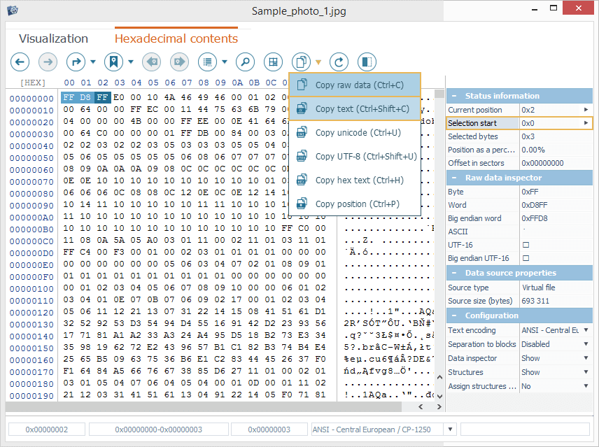 tools to copy hexadecimal contents in hexadecimal viewer of ufs explorer program