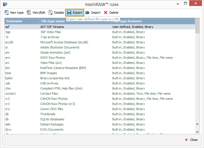 function to export selected user defined file types to a file in ufs explorer intelliraw rules editor