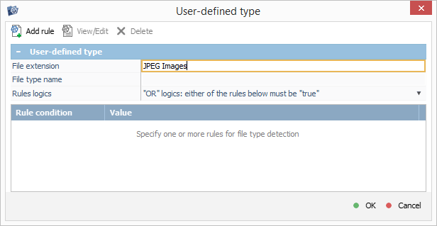 file extension field in user-defined rule configuration window in ufs explorer program