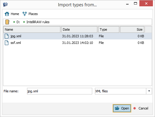 dialog to select previously exported xml file with user defined file types to be imported to ufs explorer intelliraw rules editor