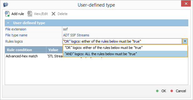 rules logics parameter in add rule window of ufs explorer intelliraw rules editor