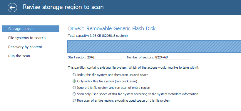 select only index file system option to perform quick scan with ufs explorer standard recovery