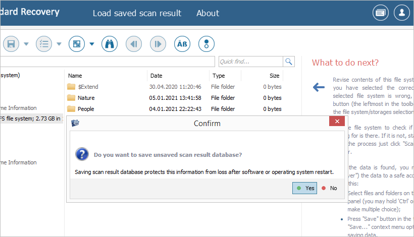 save unsaved scan result database in ufs explorer standard recovery interface