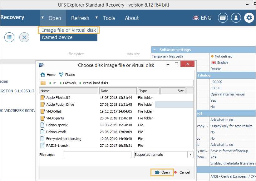 image file or virtual disk option under open menu element in ufs explorer program interface