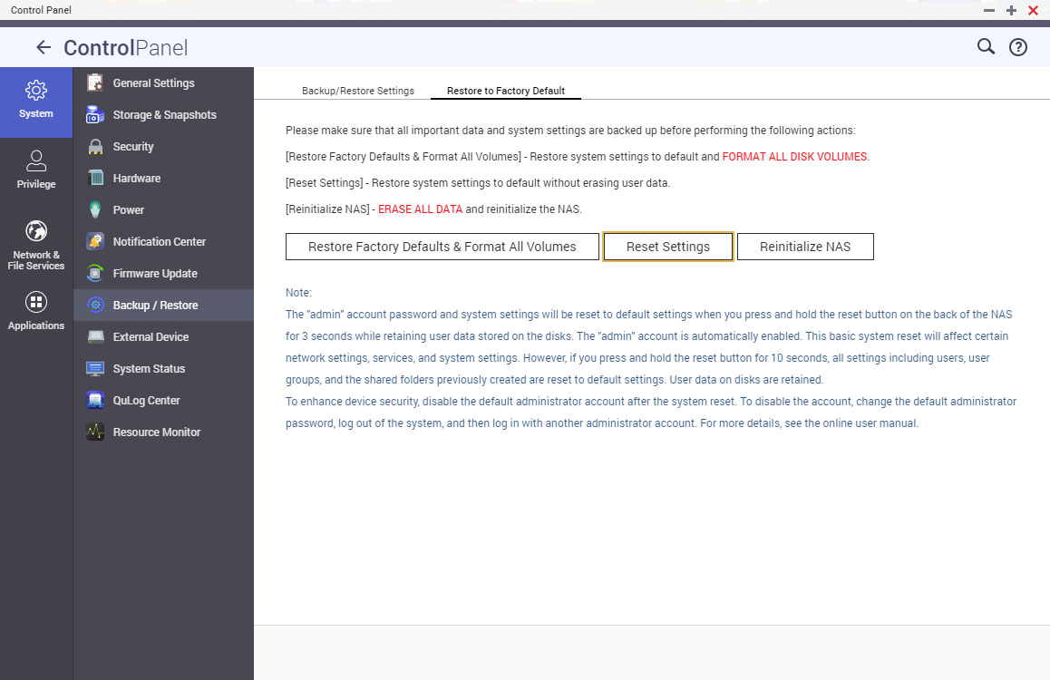 qnap nas resetting via control panel