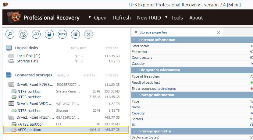 apfs volume supported and properly recognized by ufs explorer 7.4