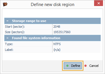 window define disk region in partition manager of ufs explorer professional recovery program