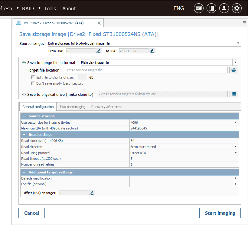 disk imaging configuration window in ufs explorer professional recovery program