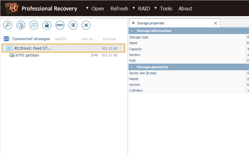 drive selected in list of connected storages in ufs explorer professional recovery program 