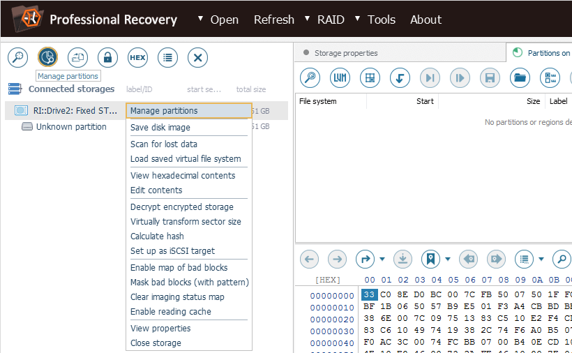 options to manage partitions in ufs explorer professional recovery program