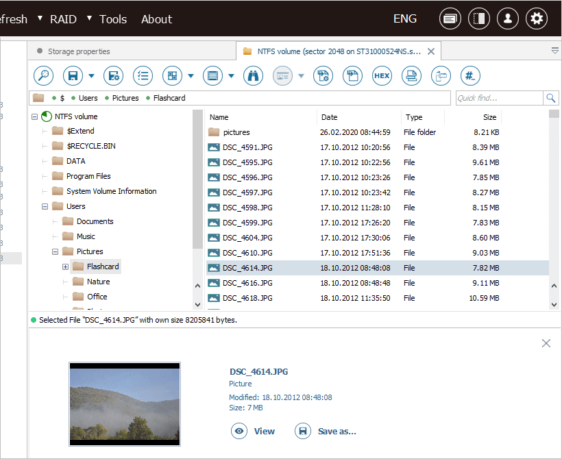 content of ntfs volume in explorer of ufs explorer professional recovery program