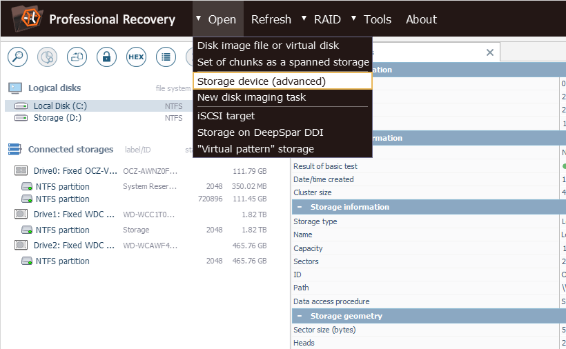 option open storage device (advanced) of main menu of ufs explorer professional recovery program