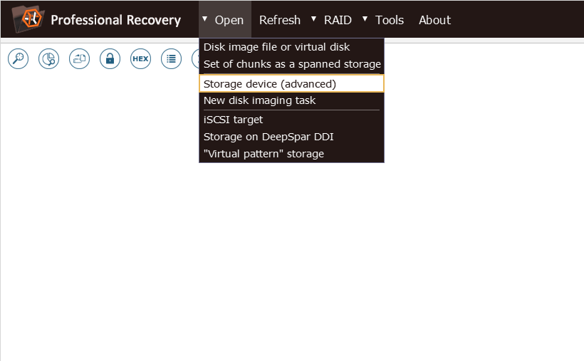 open storage device (advanced) option in main menu of ufs explorer professional recovery program