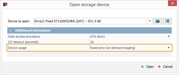 setting read once parameter in open storage device window in ufs explorer professional recovery program