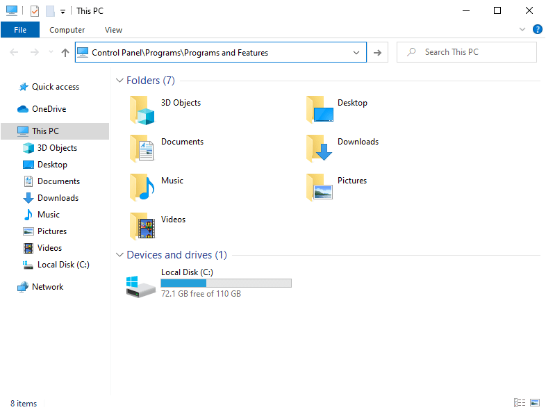 getting to programs and features by entering direct path in address bar of windows file explorer 