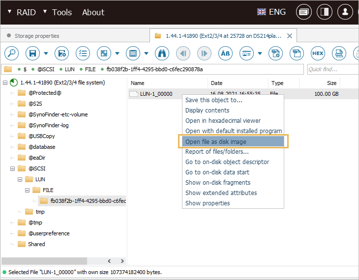 open file as disk image option in ufs explorer professional recovery interface