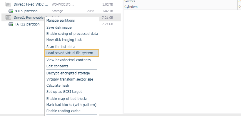 load saved virtual file system option in drive's context menu in ufs explorer professional recovery program interface