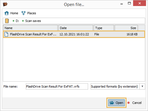 open saved .vfs file dialog in ufs explorer professional recovery program interface