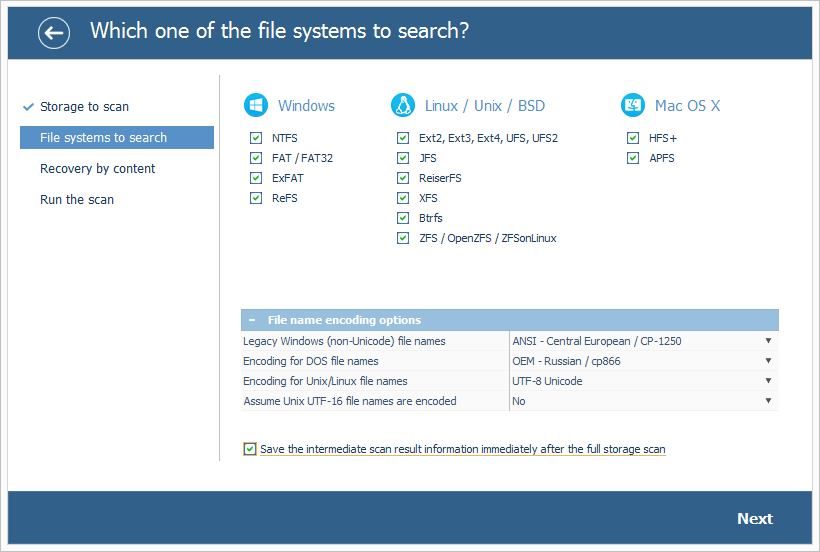 save intermediate scan result option on file systems selection stage of scan configuration in ufs explorer program