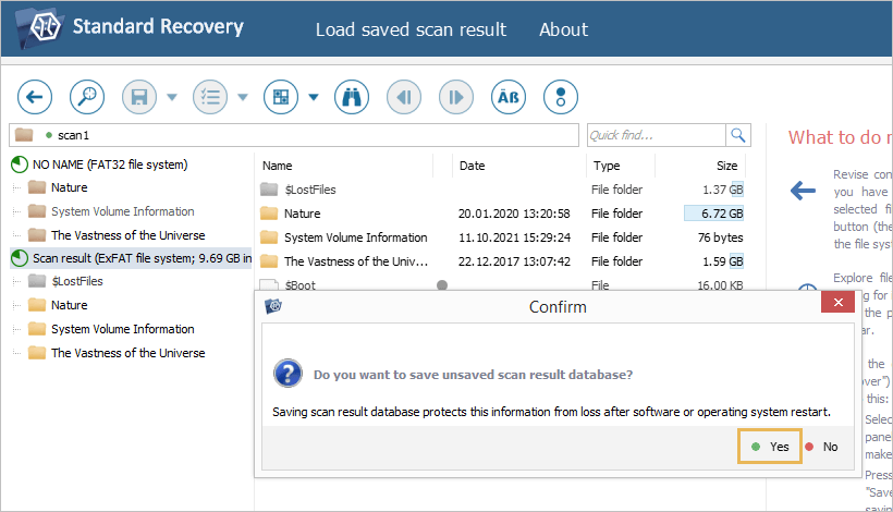 confirmation popup of saving unsaved scan result database in ufs explorer program