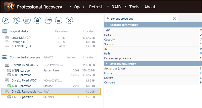 select drive on connected storages panel in ufs explorer professional recovery program interface