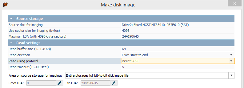 choosing direct scsi as reading protocol for disk imaging in ufs explorer