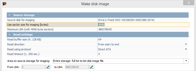 configuring sector size for disk imaging in ufs explorer