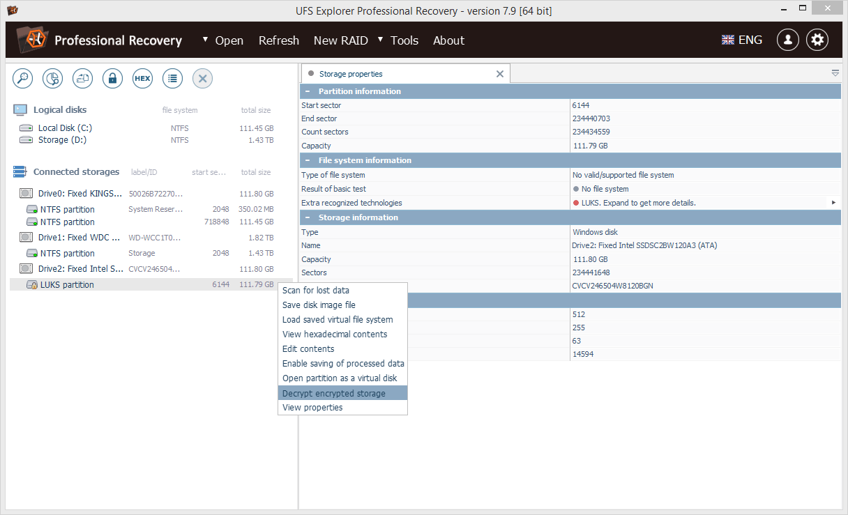 decrypt encrypted storage option in ufs explorer professional