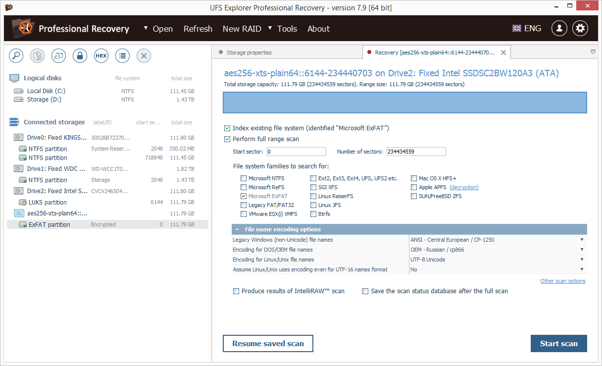 set parameters for decrypted storage volume scanning in ufs explorer professional